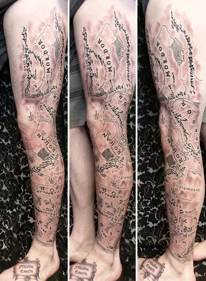 epic leg tattoos mordor map