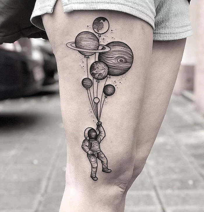 epic leg tattoos planet balloons