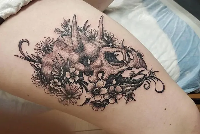 epic leg tattoos skull flowers