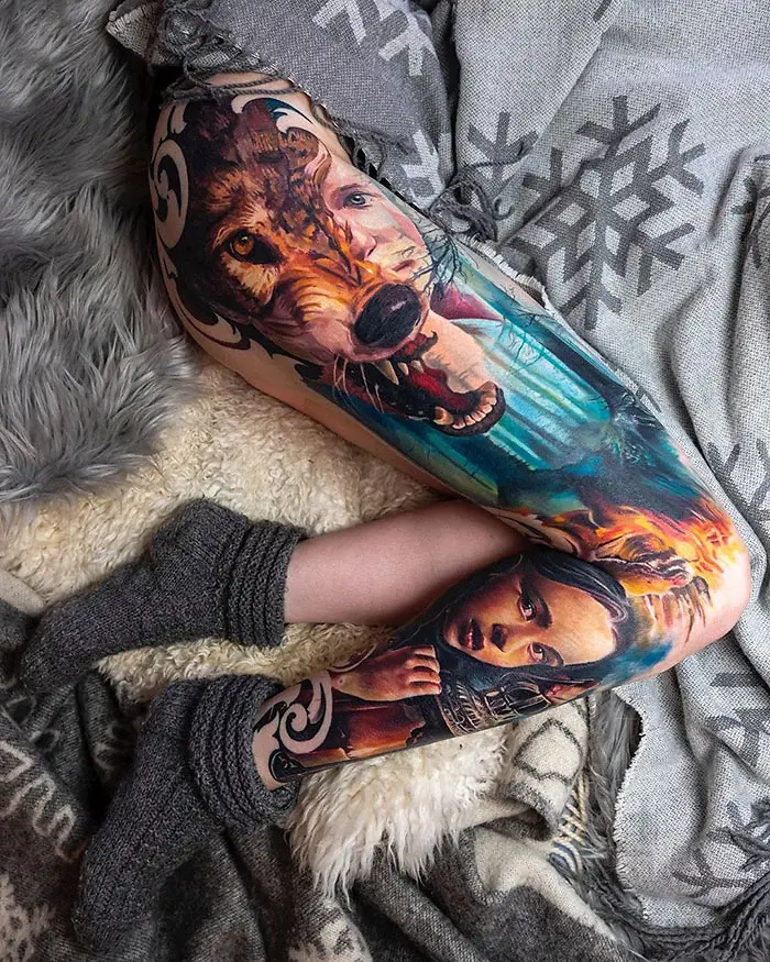 epic leg tattoos wolf girl