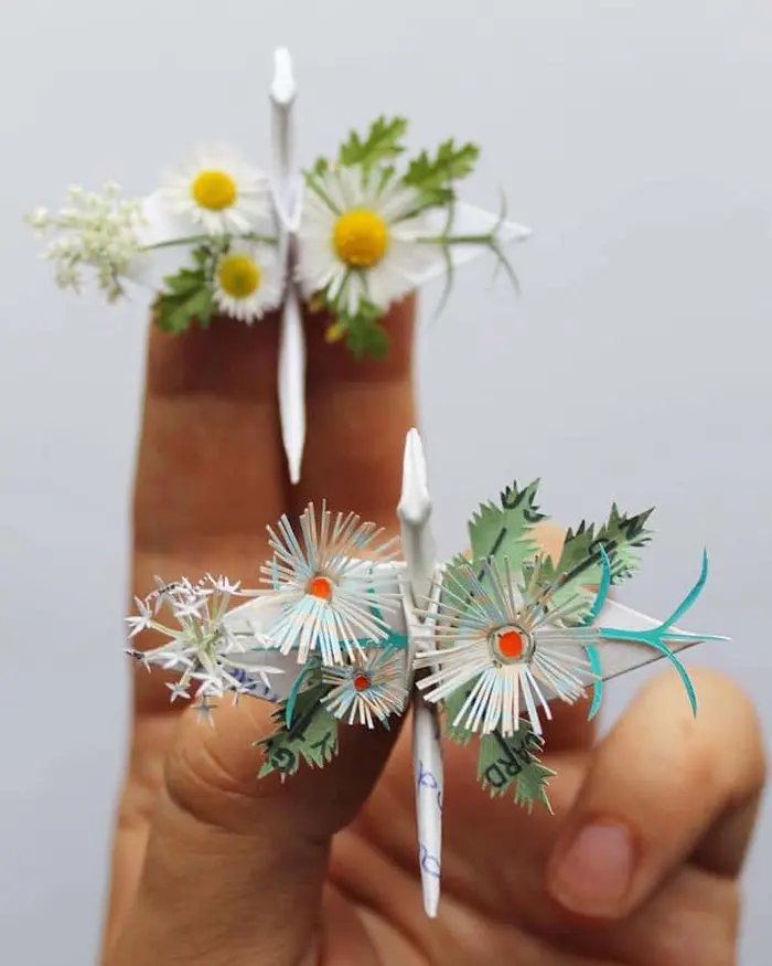 flower-inspired paper crane