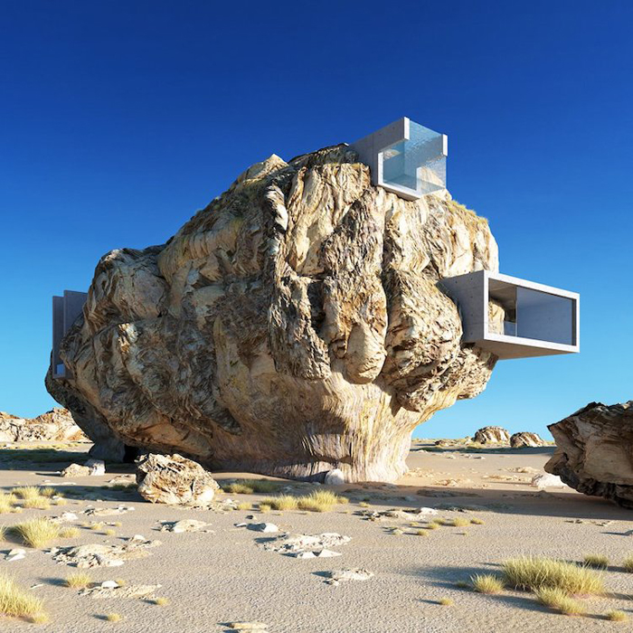 minimalist house inside a rock