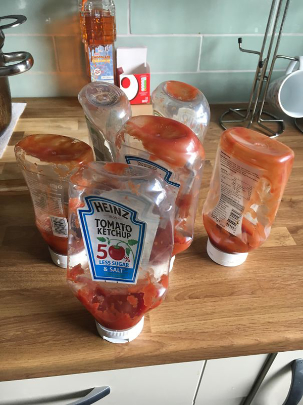 monster roommate upside down ketchup bottles