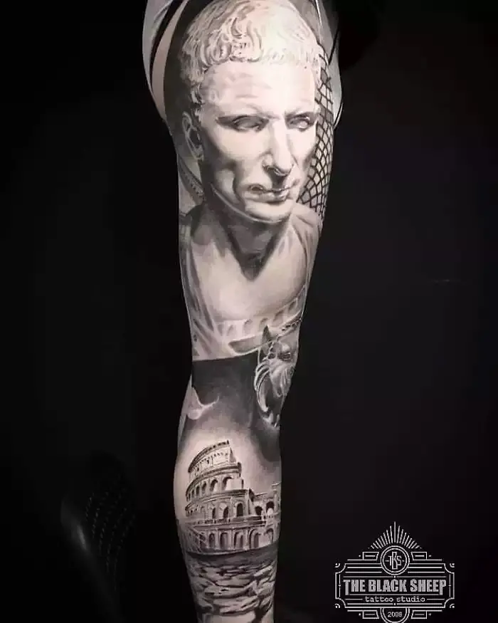 roman-inspired leg tattoo sebastian quick