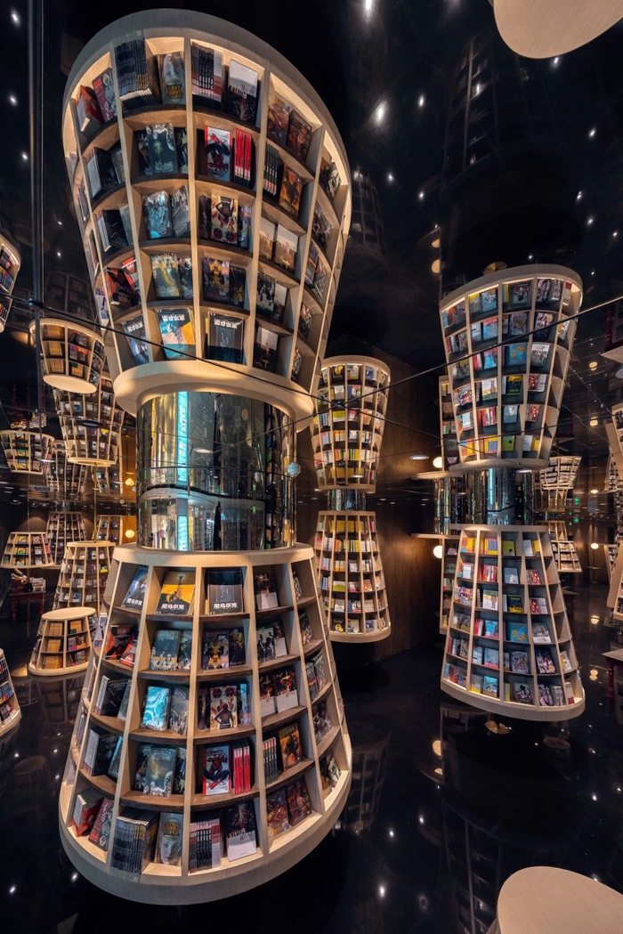 zhongshuge bookstore lobby conical bookshelves