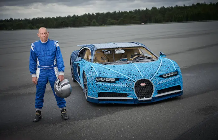 former race driver testing the Bugatti Chiron LEGO car