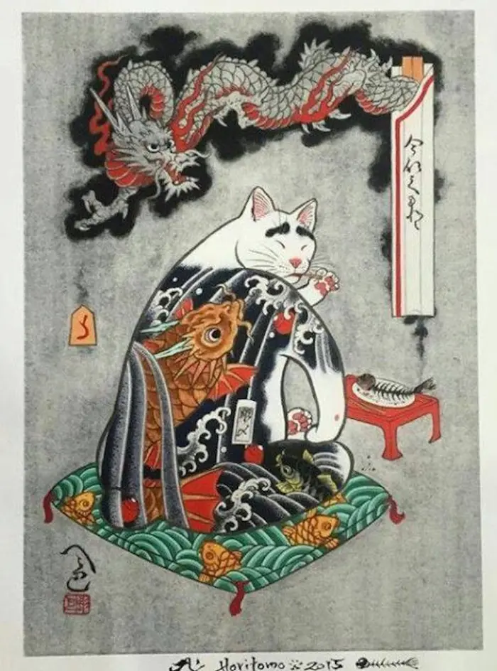 kazuaki horitomo monmon cats giant catfish tattoo