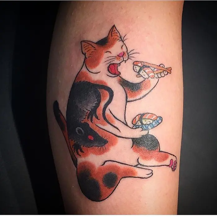 kazuaki horitomo tattoo cat eating sushi