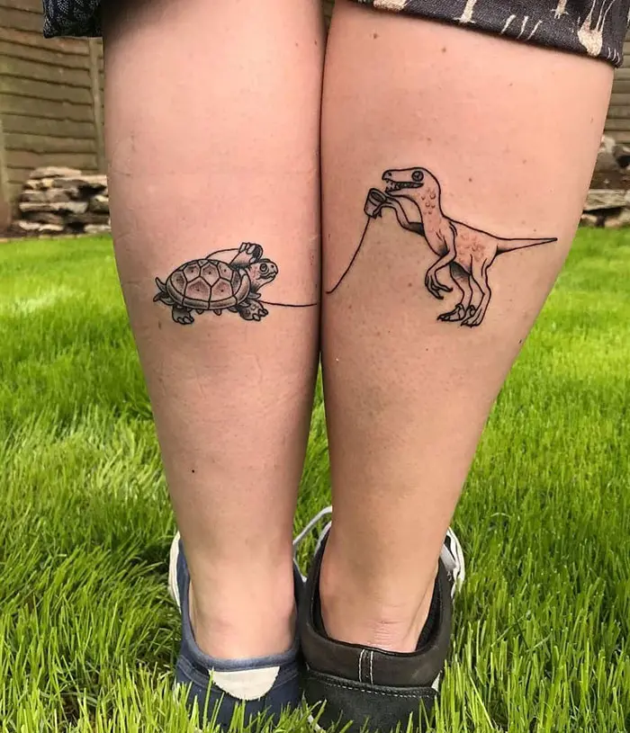 matching tattoos sisters turtle dinosaur