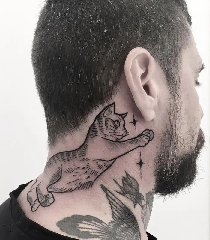 neck tattoo designs jumping cat