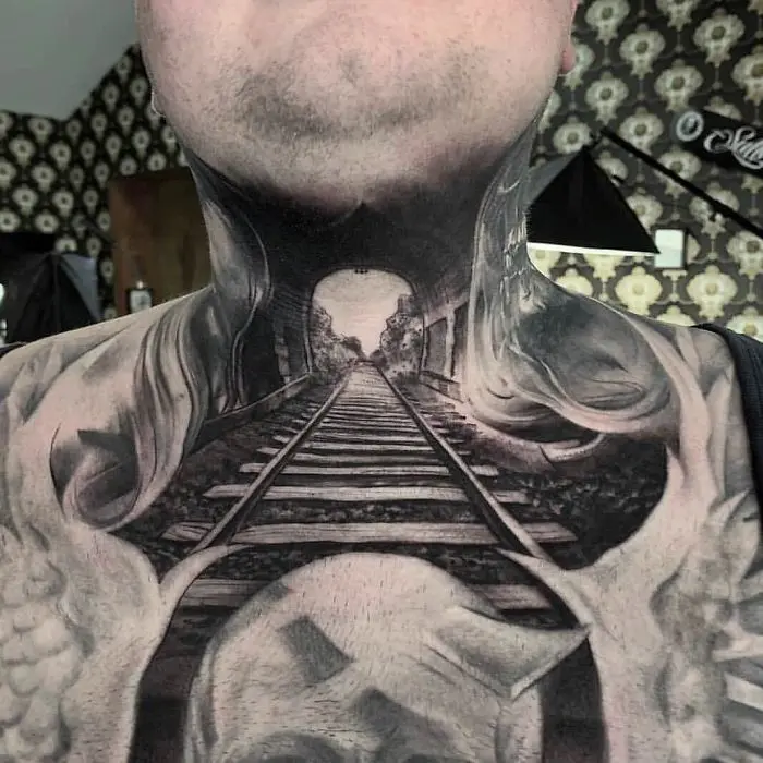 neck tattoo designs railroad optical illusion