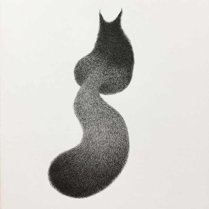 fluffy black cats ink drawings kamwei fong cat facing backwards