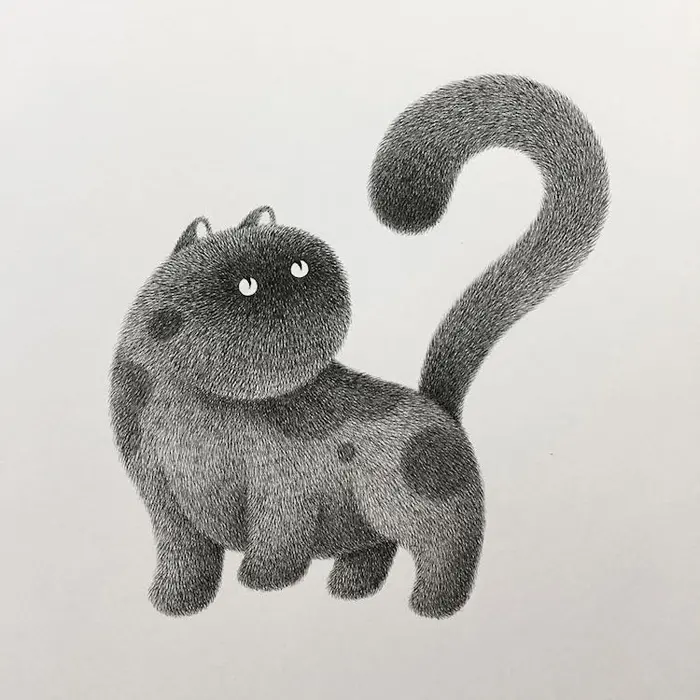 fluffy black cats ink drawings kamwei fong spot cat