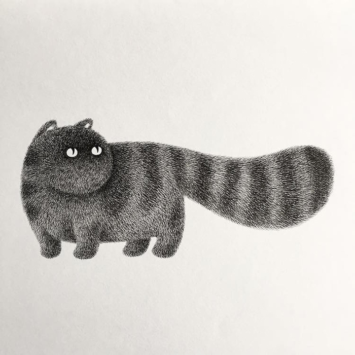 fluffy black cats ink drawings kamwei fong stripes cat