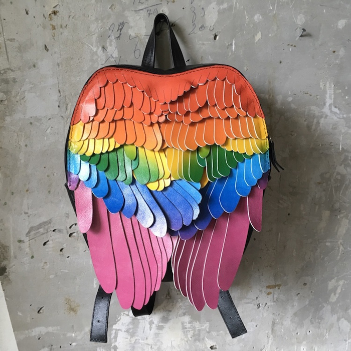 krukrustudio leather wings backpacks rainbow color scarlet mascaw
