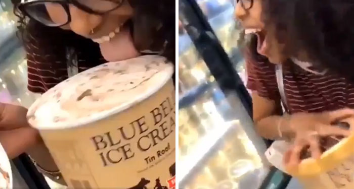 people being jerks girl licking tub of ice cream