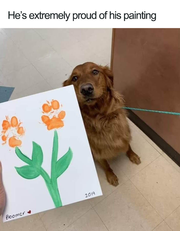 wholesome dog posts paw painting