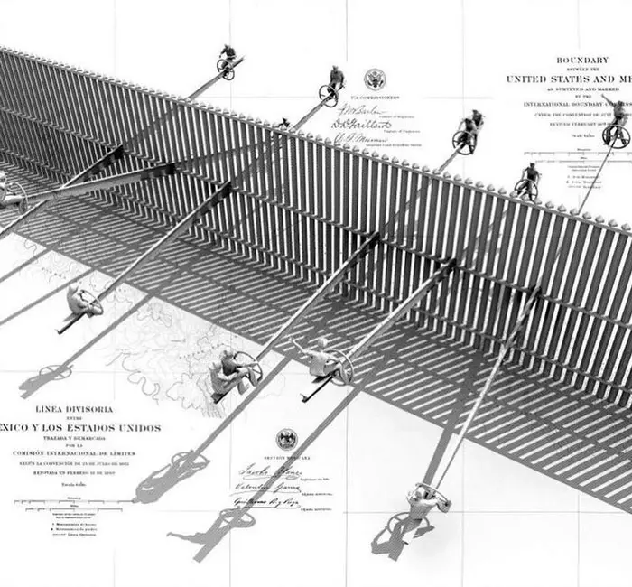 happily playing seesaw in the us mexican border