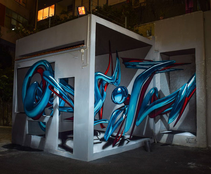 modern art in blue graffiti object transformations bus artist odeith