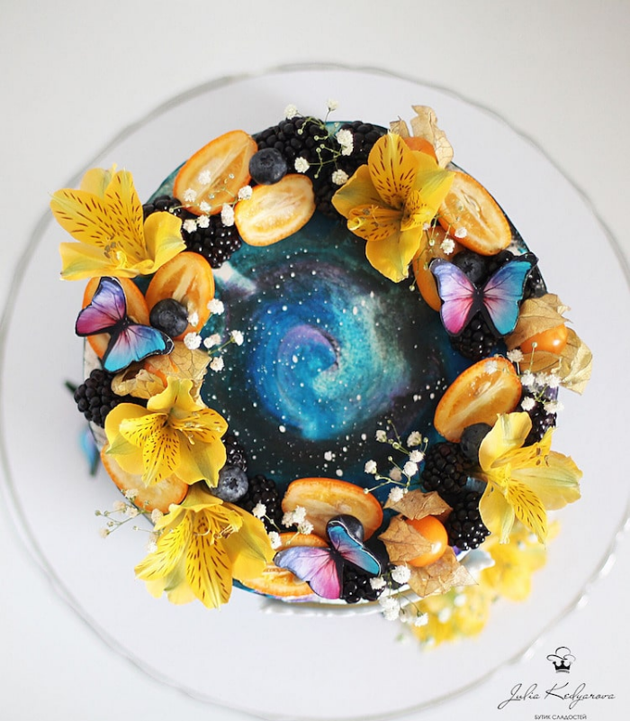 yellow flowers and galaxies cake art yulia kedyarova