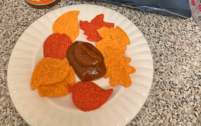 Leaf Shaped Tortilla Chips Served on a Plate and some Pumpkin Butter