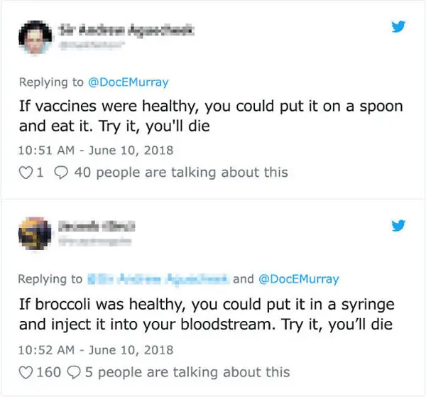 people being called out vaccines vs broccoli