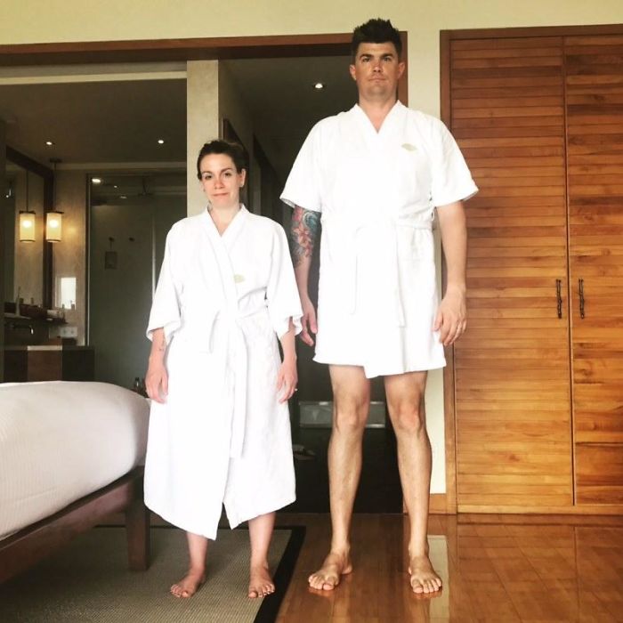 tall people with short people couple bathrobe