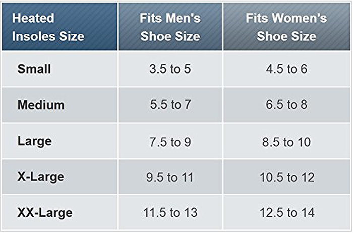 thermacell rechargeable heated shoe insoles size chart