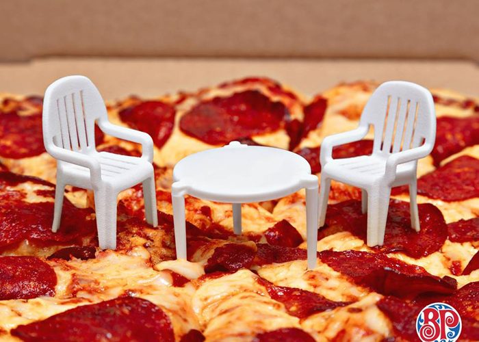 tiny pizza table and chairs boston pizza ad campaign