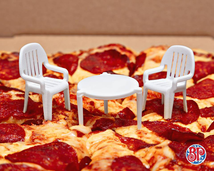 tiny pizza table and chairs boston pizza ad campaign