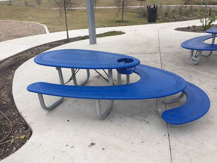 Blue Picnic Table with an Adults Section, Kids Section, and a Built-in High Chair