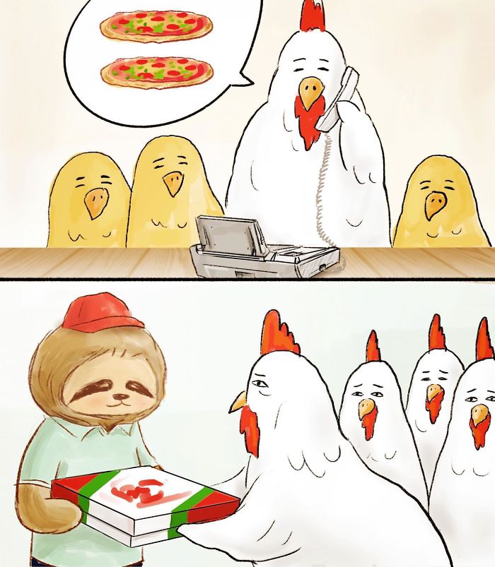 Chicken with Chicks Ordering Pizza from a Sloth