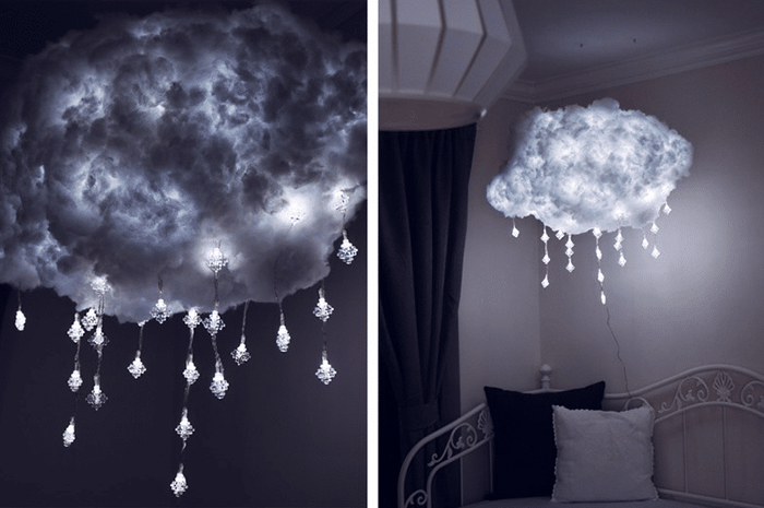 Lighted Floating Cloud Light with Dangling Snowflake LED String Lights in Living Room