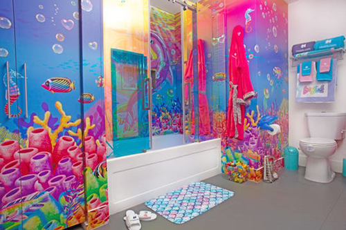 Lisa Frank-Themed Hotel Room bathroom different perspective