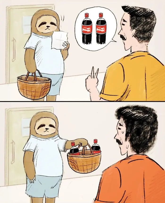 Man Asking a Sloth to Buy Two Bottles of Softdrinks