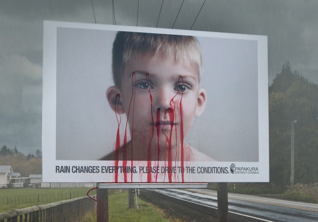 Papakura District Council Road Safety Billboard Featuring a Boy that Bleeds When It Rains 2