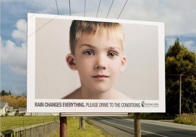 Papakura District Council Road Safety Billboard Featuring a Boy that Bleeds When It Rains