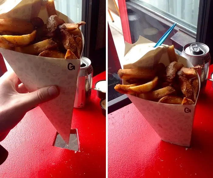 Red Table with a Hole to Hold Fries in Paper Cone