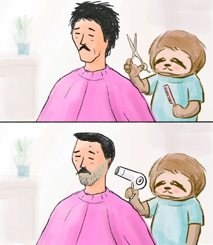 Sloth Cutting a Man's Hair