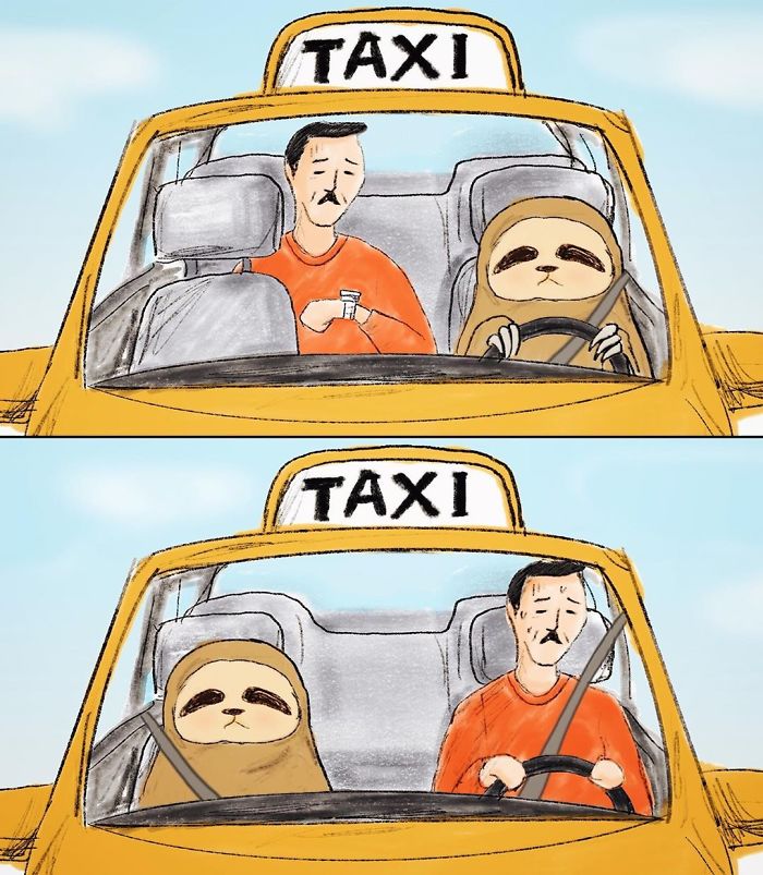 Sloth Driving a Taxi with a Male Passenger