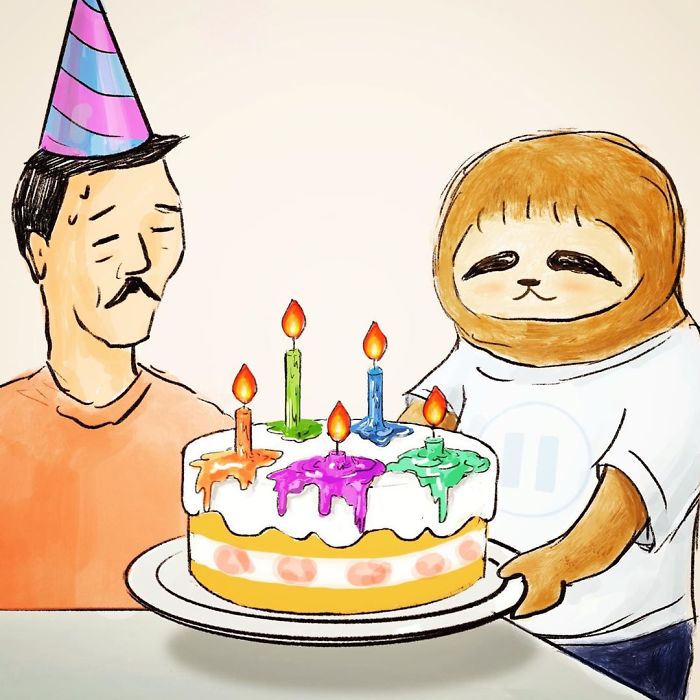 Sloth Holding a Cake and Wishing a Man Happy Birthday