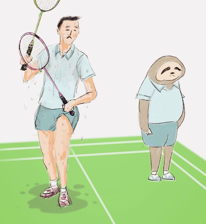 Sloth Playing Badminton with a Man