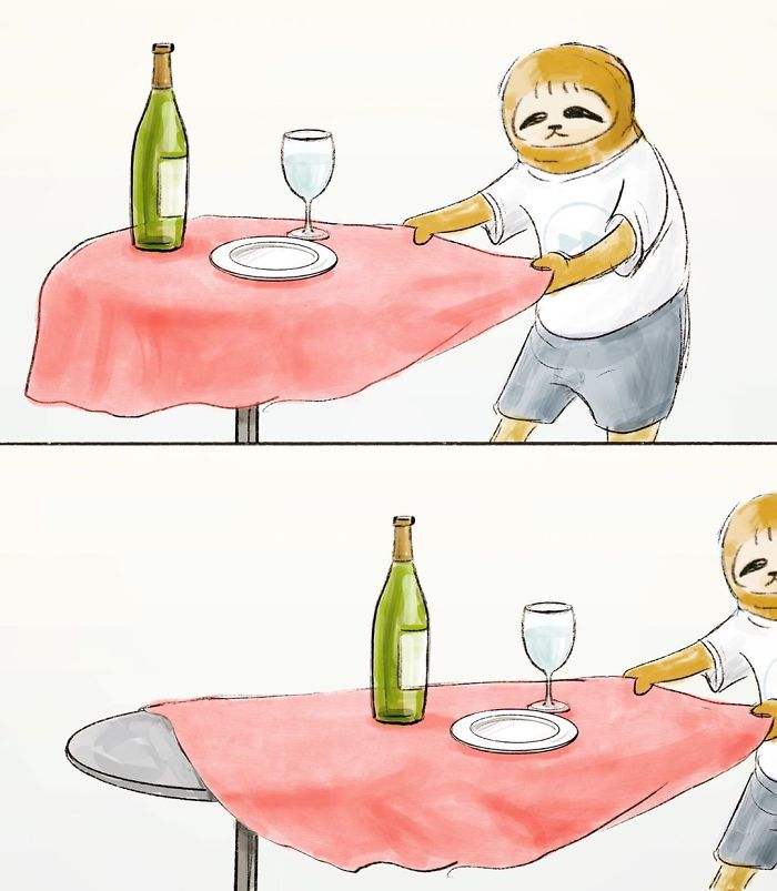 Sloth Pulling a Table Cloth from a Table with a Bottle of Wine, a Wine Glass, and a Plate