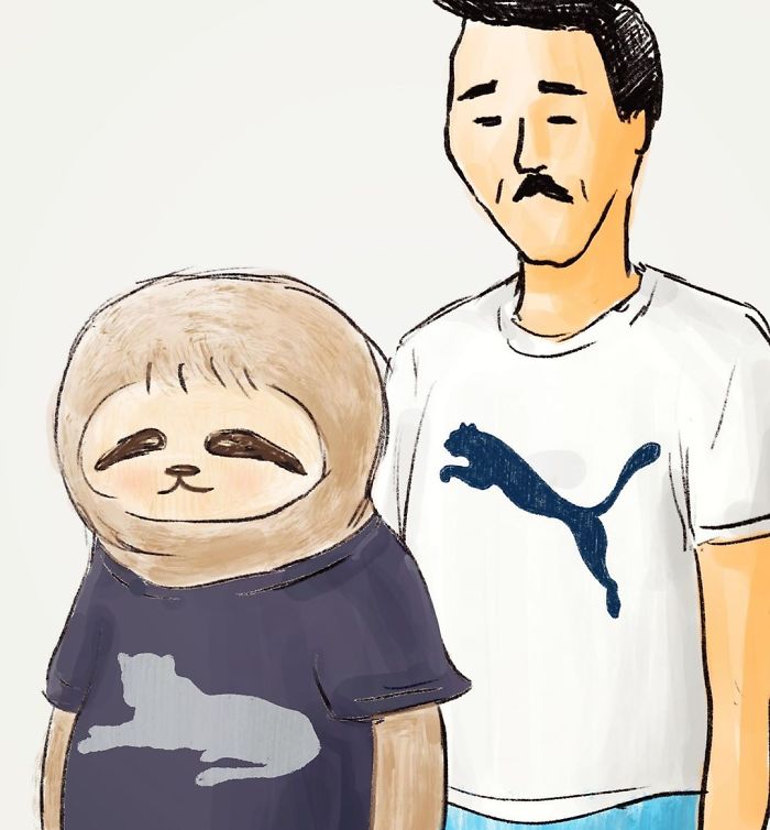 Sloth and Man Wearing Puma Shirts