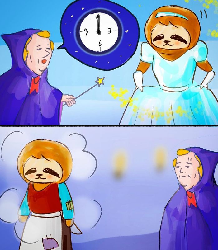 Sloth as Cinderella with Fairy Godmother