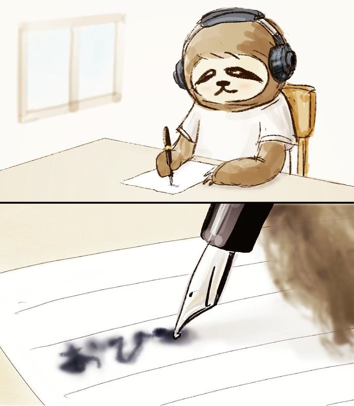 Sloth with Headphones on While Writing on a Paper