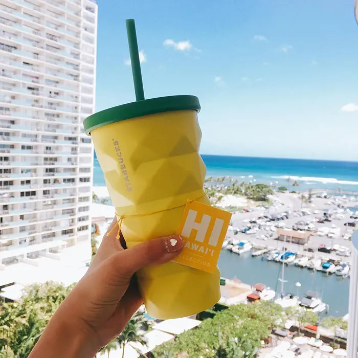 Starbucks' Pineapple Tumbler with Hotel View Background