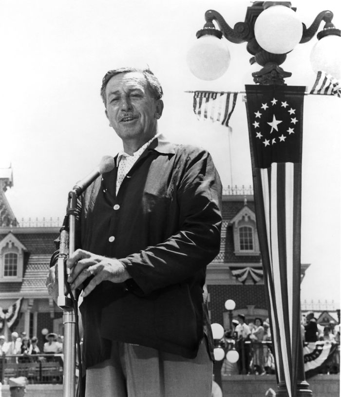 Walt Disney speaks to the crowd during the opening ceremony of Disneyland