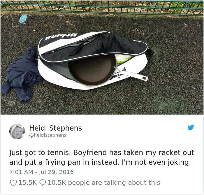 boyfriends and husbands jokes frying pan tennis racket