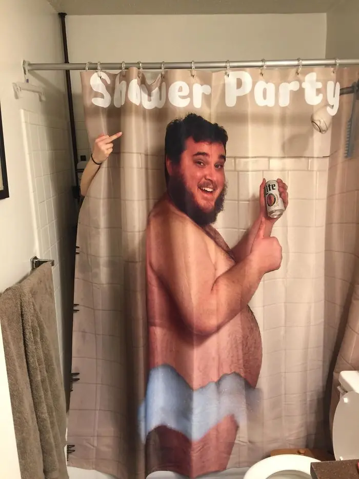 boyfriends and husbands jokes self-photo shower curtain